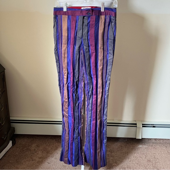 Vintage Etro Milano Purple Striped Silk Bellbottom Pants size 42 - Picture 2 of 8